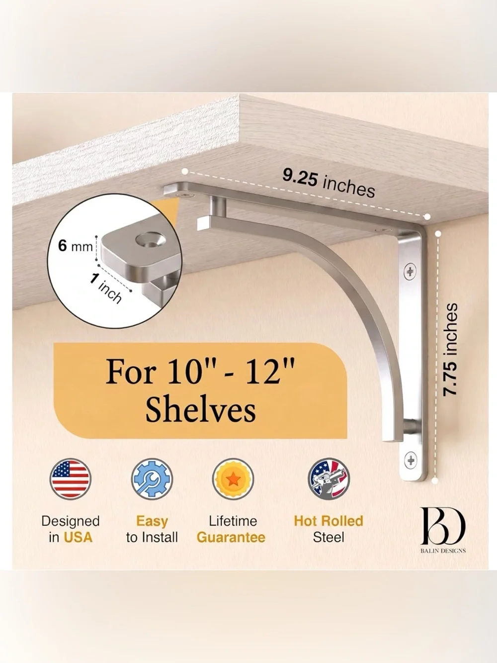 BALIN DESIGNS Chrome Heavy-Duty Wall Shelf Brackets - Set of 4 NIB
